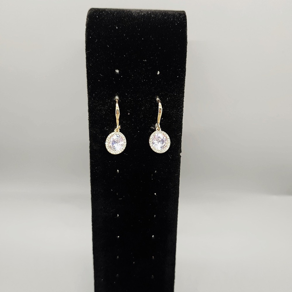 Gold Tone Clear CZ Halo Dangle Drop Earrings 1" Length Elegant Fashion Jewelry